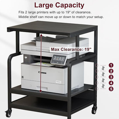Large Printer Stand for Home Office, 23.6" x 18.9" Printer Table with Storage, Rolling Printer Cart with Wheels, Shelf for 3D Laser Inkjet Printer, Scanner, Fax, Black