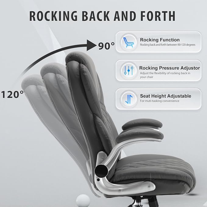 Leather Executive Office Chair, Big and Tall High Back Ergonomic Desk Chairs with Wheels, 90-120° Rocking Managerial Home Computer Chairs with Flip up Arms and Lumbar Support, Grey