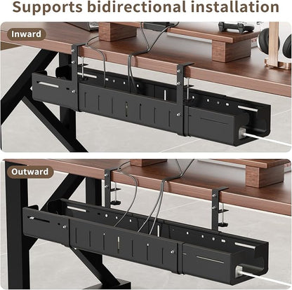 Under Desk Cable Management Tray, Expandable 25.2"–38.6", No Drill Clamp Mount, Cord Management Heavy Duty Carbon Steel Standing Cord Organizer for Home, Office, Gaming, Desk, Black