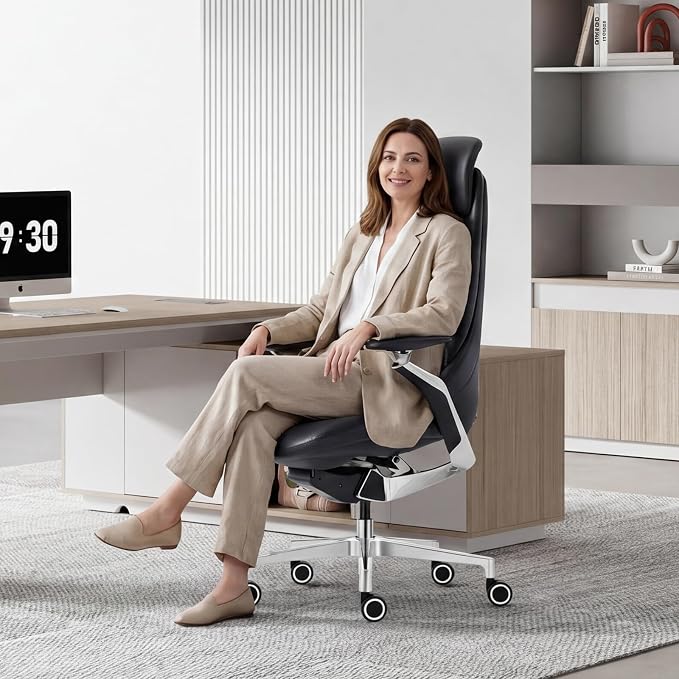 Ergonomic Executive Leather Office Chair-High Back Top Grain Leather with Adjustable Headrest, 3-Position Recline (90°-135°), Tension Control & Height Adjustment, Italian DONATI Base