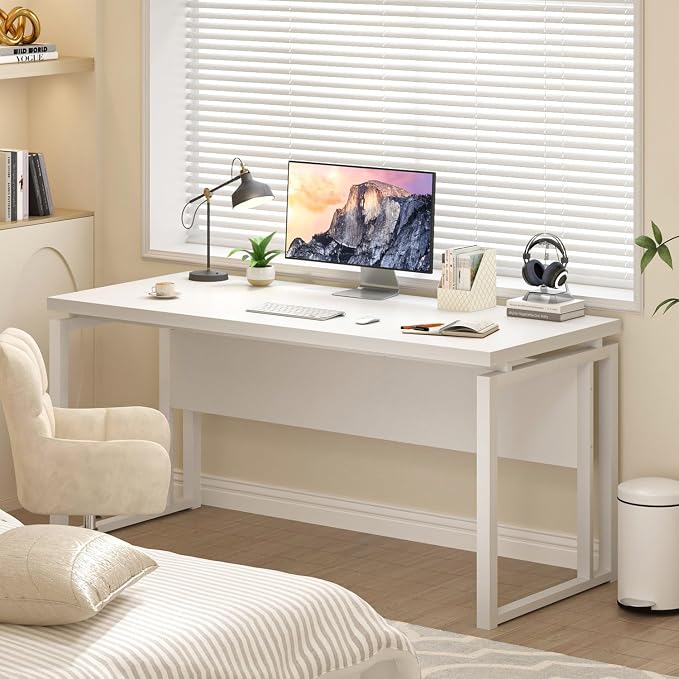 EXCEFUR White Computer Desk, Simple Wood and Metal Home Office Desk, Modern Study Writing Table Workstations for Living Room Bedroom, 53 Inch