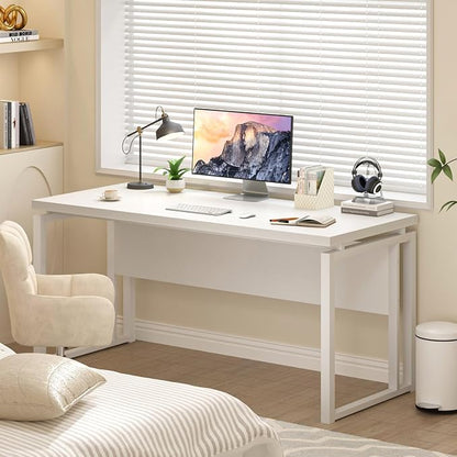 EXCEFUR White Computer Desk, Simple Wood and Metal Home Office Desk, Modern Study Writing Table Workstations for Living Room Bedroom, 53 Inch