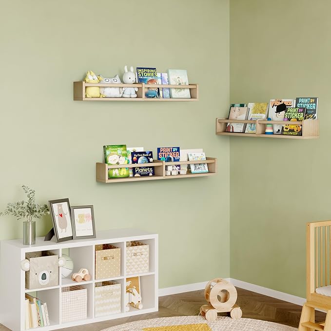 Fixwal Nursery Bookshelves, 32in Floating Bookshelves for Wall Set of 3, Wood Wall Mounted Floating Shelves for Baby Nursery Decor and Toys Storage (Natural Wood)