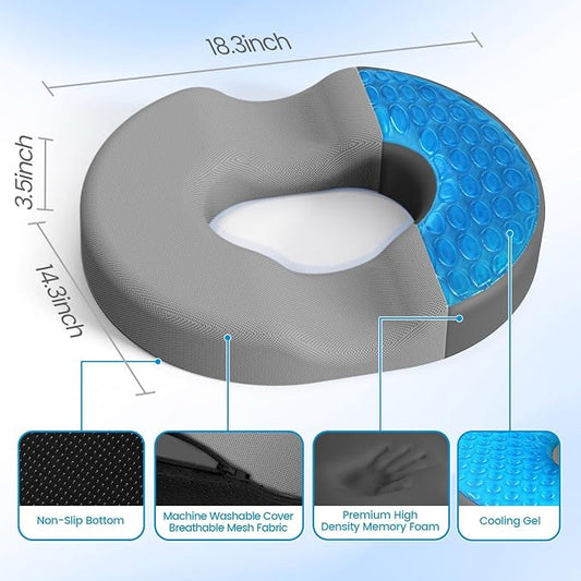 Donut Pillow Seat Cushion - Cooling Gel Donut Chair Cushions, Memory Foam Seat Cushion for Office & Home, Car Seat Cushion and Butt Pillow, Hemorrhoids Pillow and Tailbone Pain Relief, Light Grey