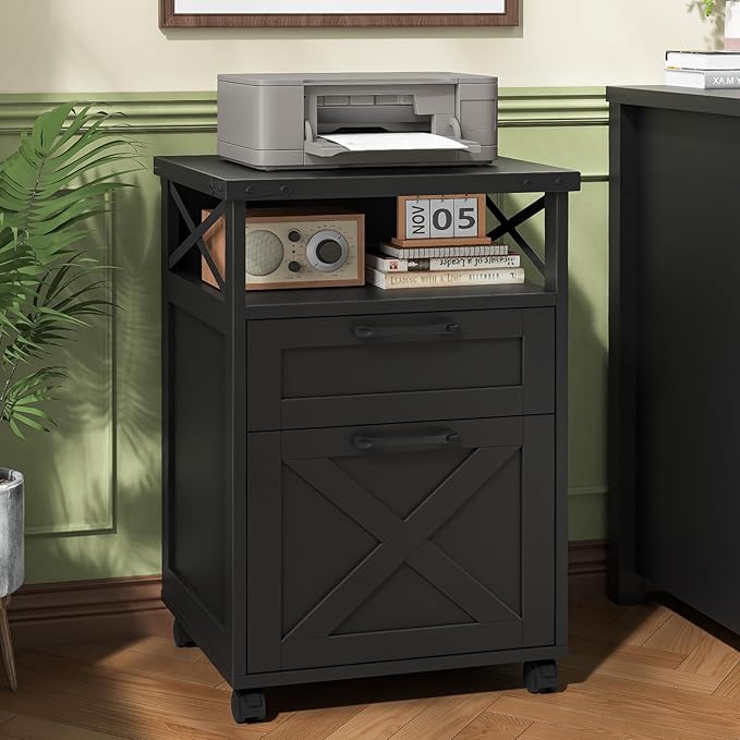 Farmhouse Filing Cabinet with Open Storage Space & Wheels, Office Filing Vertical Cabinet with 2 Drawers, Printer Stand for Hanging Files Letter/A4, Under Desk Storage Cabinets for Home Office.Black