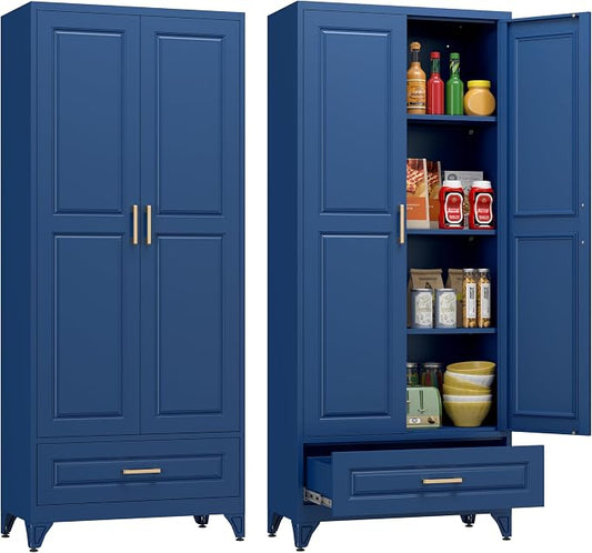 Polup Metal Storage Cabinet,75" Tall Kitchen Pantry Storage Cabinet with Doors and Adjustable Shelves, Blue Metal Pantry Cabinets with Drawer, Large Cupboard for Kitchen, Dining Living Room