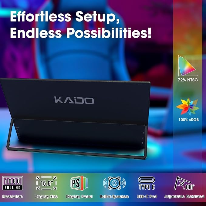 Kado Portable Monitor 15.6-Inch Ultra-Slim 100% sRGB 1080p IPS Display | Laptop Monitor 1920x1080 180° Kickstand, Carrying Case for PC, Mac, Phone, Dex, Xbox, PS5, USB-C & HDMI Connectivity