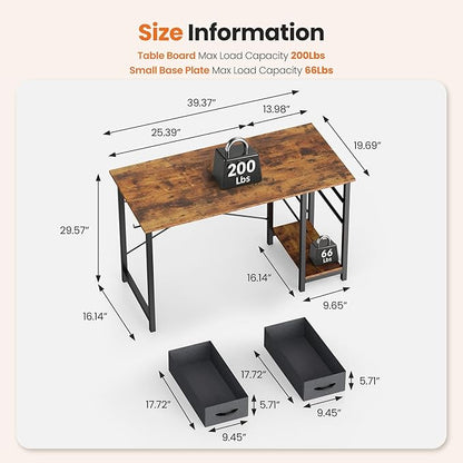 Sweetcrispy 40 Inch Computer Desk with Drawers for Home Office Writing Desk X Shaped Reinforcement Wood Surface Adjustable Position Modern Study Work Side Hook Metal Frame Storage Station Rust