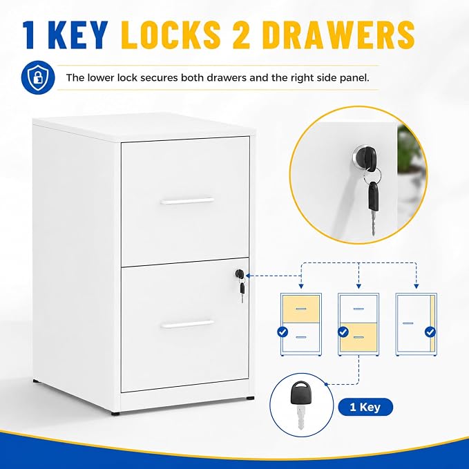 SAWJEC 2 Drawer File Cabinet with Lock, Small Metal Filing Cabinet for Home Office, Vertical Locking File Cabinet with Letter Size Hanging Files, White, 25.6" H x 15.0" W x 17.7" D