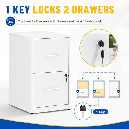 SAWJEC 2 Drawer File Cabinet with Lock, Small Metal Filing Cabinet for Home Office, Vertical Locking File Cabinet with Letter Size Hanging Files, White, 25.6" H x 15.0" W x 17.7" D