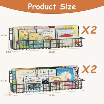 X-cosrack 24 Inch Wall Mounted Kids Bookshelf, Floating Metal Book Shelves for Kids Nursery Toddler Classroom, Hanging Book Shelf Organizer for Room Decor, Black, Set of 4