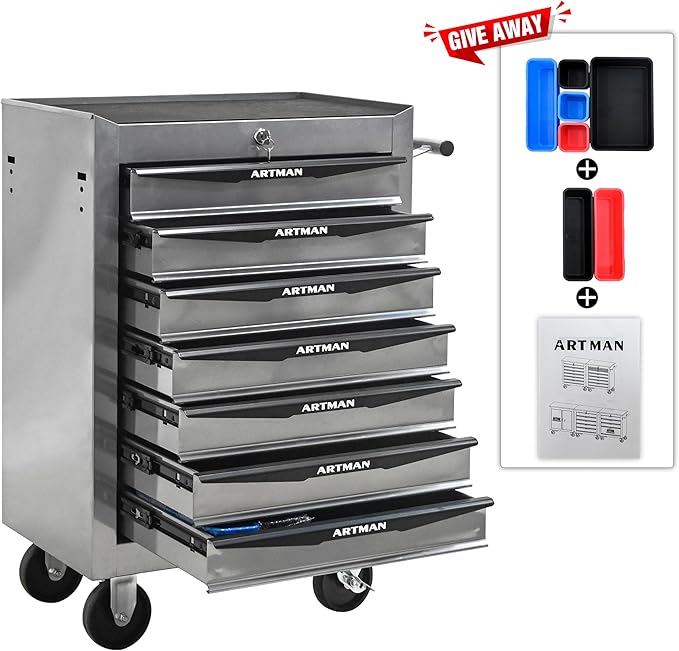 RYH 7 Drawers Rolling Tool Chest & Tool Box on Wheels | Heavy Duty Metal Cart with Ball Bearing Drawers | Fits US General Tool Box for Garage Storage (Silver, 7 Drawers（30.5" H × 20.9" W × 13" D)