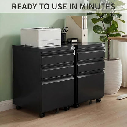 3 Drawer Metal File Cabinet with Lock, Fully Assembled Mobile Filing Cabinet on Wheels, Under Desk Office Storage Organizer for Letter/Legal/A4 Files, Black