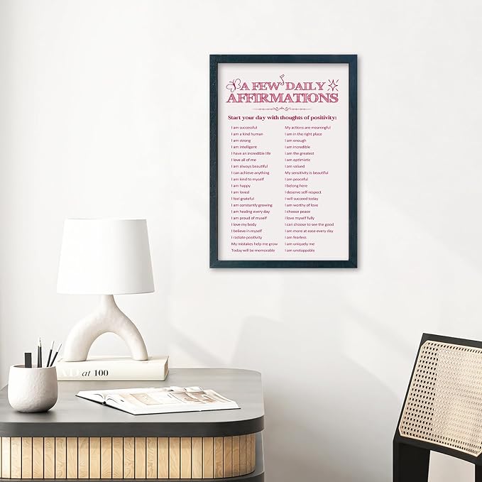 YWJKWLGS Daily Affirmations Wall Art, 11x16 Framed, Pink Positive Decor Girls Room