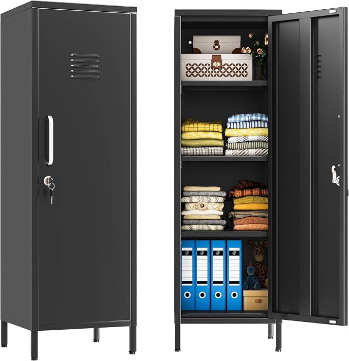 Black Metal Locker Cabinet, 47" H Home Office Storage Lockers, Vertical Steel Storage Cabinet with Locking Door and 3 Adjustable Shelves, Garage Tool File Cabinets for Home Office,Garage,Bathroom