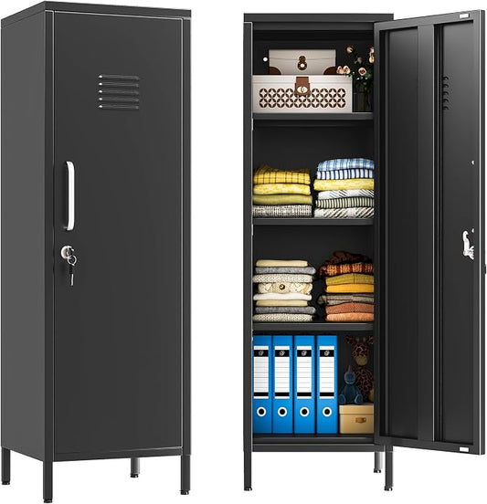 Black Metal Locker Cabinet, 47" H Home Office Storage Lockers, Vertical Steel Storage Cabinet with Locking Door and 3 Adjustable Shelves, Garage Tool File Cabinets for Home Office,Garage,Bathroom