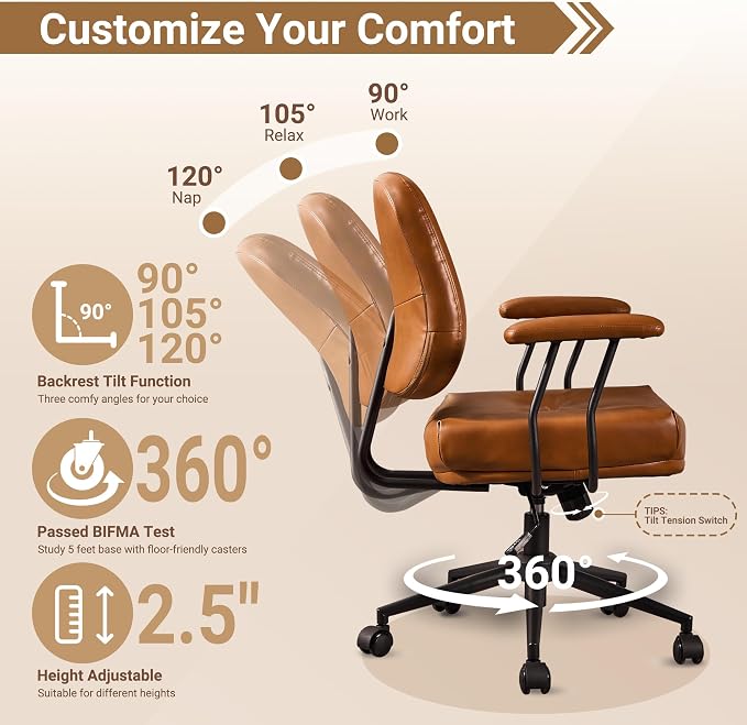 Ergonomic Home Office Chair, Mid-Century PU Leather Home Office Desk Chairs with Wheels, Office Computer Chair with Rocking Swivel (Brown,PU Leather)