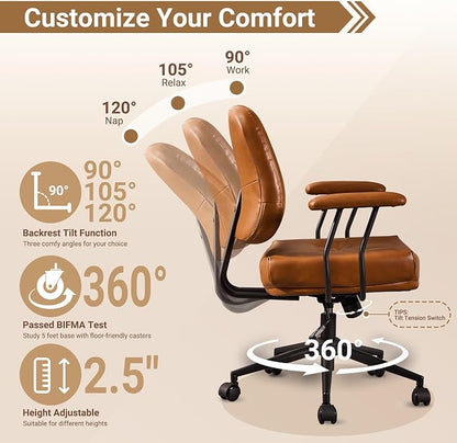 Ergonomic Home Office Chair, Mid-Century PU Leather Home Office Desk Chairs with Wheels, Office Computer Chair with Rocking Swivel (Brown,PU Leather)