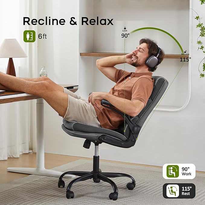 Office Chair Adjustable Desk Chair Mid Back Executive Comfortable Bonded Leather Ergonomic Back Support Home Computer Chairs with Padded Flip-up Armrest Swivel Wheels (Tan)