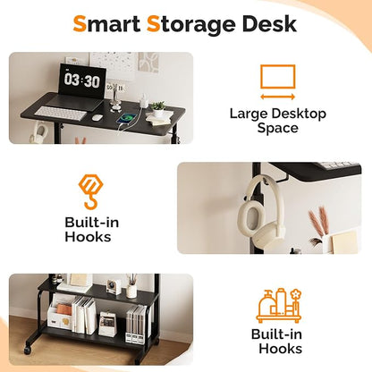 VINGLI 31.5" Mobile Small Standing Desk, Adjustable Height Mobile Computer Desk, w/2 AC Outlets + 3 USB Ports & Hooks, Storage Shelves, Suitable for Gaming, Studying, Home Office, Black