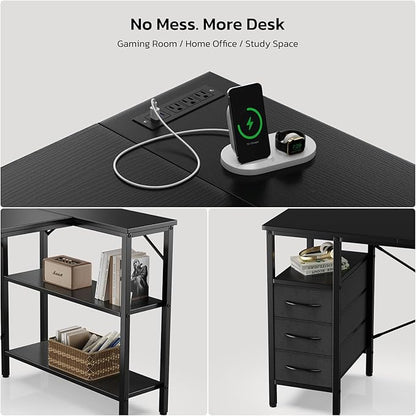 Simple Deluxe L Shaped Gaming Desk with Power Outlets, 47 Inch Computer Desk with 3 Drawers, Shelves, Corner Computer Desk for Gaming, Corner Work, Home Office, Study, Black