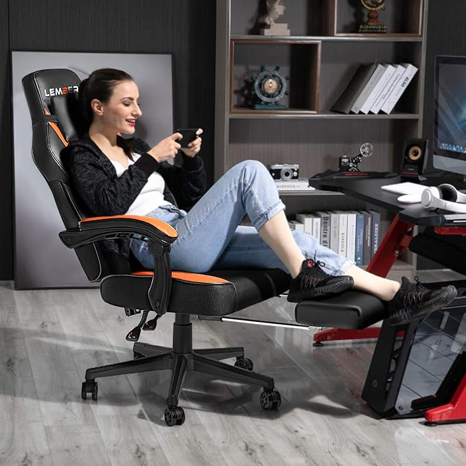 LEMBERI Big and Tall Gaming Chair 400lb Capacity, Heavy-Duty Office Chair with Reinforced Footrest, Wide Seat High Back PC Desk Chair with Linkage Armrests, Thickened Steel Frame, PU Leather, Orange