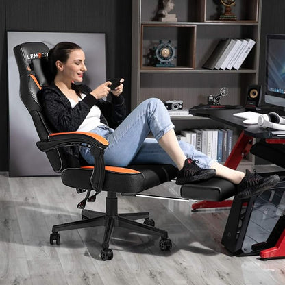 LEMBERI Big and Tall Gaming Chair 400lb Capacity, Heavy-Duty Office Chair with Reinforced Footrest, Wide Seat High Back PC Desk Chair with Linkage Armrests, Thickened Steel Frame, PU Leather, Orange