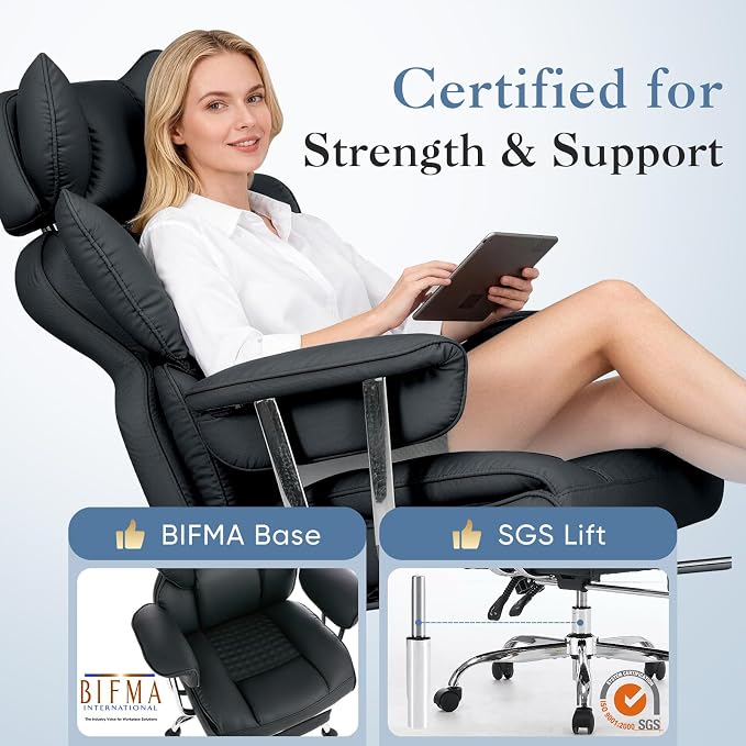 DUMOS Big and Tall Office Chair 400 LBS, Scratch-Resistant PU Leather Executive Office Desk Chair with Footrest, Ergonomic Reclining Computer Chairs with Pocket Spring Support, Black