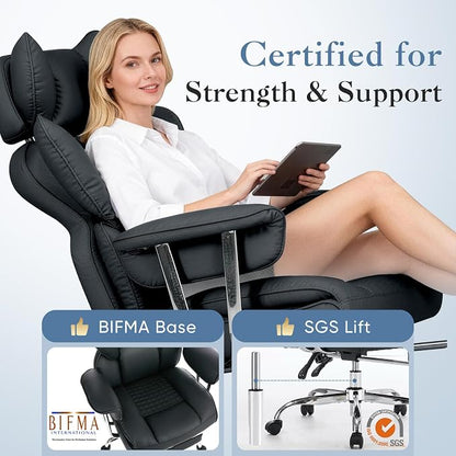 DUMOS Big and Tall Office Chair 400 LBS, Scratch-Resistant PU Leather Executive Office Desk Chair with Footrest, Ergonomic Reclining Computer Chairs with Pocket Spring Support, Black