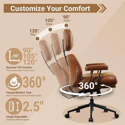 Home Office Chair,Ergonomic Computer Chair with Lumbar Support Adjustable Height,Mid-Century Modern Office Chair with Rolling Swivel Chair for Home Office Game Study(PU Leather Chair,Brown)