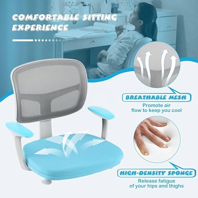 Kids Desk Chair, Height Adjustable Children Study Chair w/Lumbar Support, Swivel Mesh Seat, Universal Casters, Ergonomic Kids Task Chair for Boys Girls Aged 3-10, Home, School, Office(Blue)
