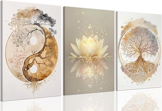 Tree of Life Wall Art Canvas Framed Set of 3 Lotus Zen Wall Decor Painting Poster Abstract YinYang Fall Art Picture Print Artwork for Living Room Yoga Room Bedroom Home Decoration 12x16 inch