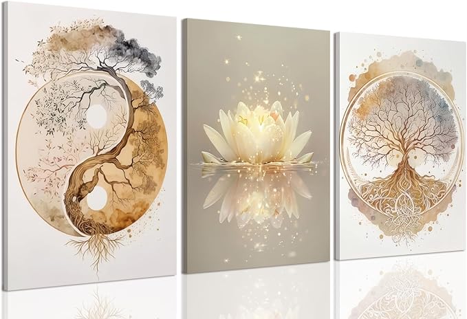Tree of Life Wall Art Canvas Framed Set of 3 Lotus Zen Wall Decor Painting Poster Abstract YinYang Fall Art Picture Print Artwork for Living Room Yoga Room Bedroom Home Decoration 16x24 inch