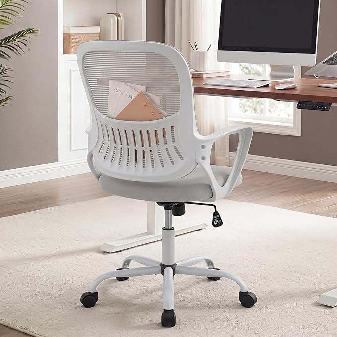 Home Office Desk Chair, Ergonomic Mid-Back Mesh Computer Task Chair with Comfortable Lumbar Support, Height Adjustable Swivel with Fixed Armrest for Adults, Student, Grey