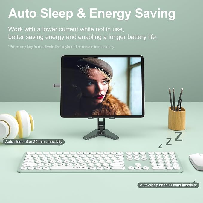 2.4GHz Full Size XTREMTEC Wireless Keyboard and Mouse Combo,Ultra Slim Silent Cute Aesthetic Retro Round Keycap,Cordless Quiet Green Keyboard and Mouse Wireless for Windows,Mac OS (Macaron Green)