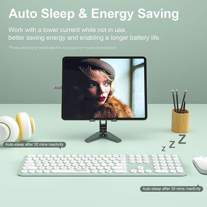 2.4GHz Full Size XTREMTEC Wireless Keyboard and Mouse Combo,Ultra Slim Silent Cute Aesthetic Retro Round Keycap,Cordless Quiet Green Keyboard and Mouse Wireless for Windows,Mac OS (Macaron Green)