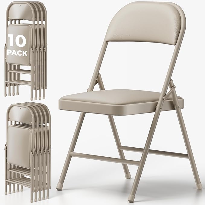 10 Pack Folding Chairs, PU Leather Folding Dining Chairs with Padded Cushion Seat & Back, Indoor Outdoor Folding Chair Set for Home Office, Parties, Events, Wedding, Extra Guest Seating