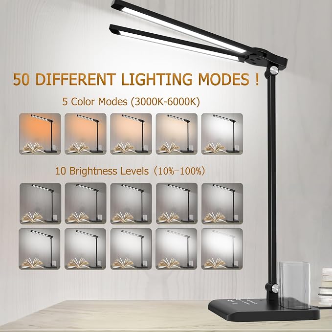 Dimmable LED Desk Lamp with USB Charging Port Bright 50 Lighting Modes | Dual Swing Arm Architect Table Lamp Light for Home Office Dorm Piano Nail