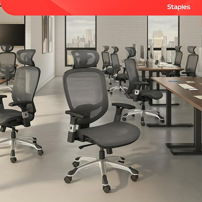 STAPLES Ergonomic Task Chair, Mesh, Ergonomic, Lumbar Support, Swivel, Gray