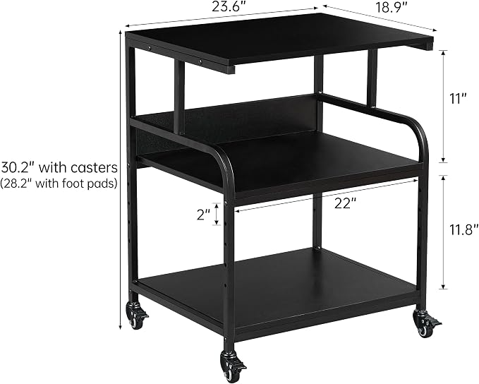 Fannova Printer Stand, 23.6 x18.9 x 30 Inches Large Printer Table with Adjustable Storage Shelf, 3 Tier Rolling Printer Cart with Wheels for Home Office, Stand for Heat Press Mini Fridge, Black