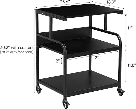 Fannova Printer Stand, 23.6 x18.9 x 30 Inches Large Printer Table with Adjustable Storage Shelf, 3 Tier Rolling Printer Cart with Wheels for Home Office, Stand for Heat Press Mini Fridge, Black