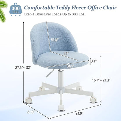 VINGLI Candy Chair Armless Cute Desk Chair,Comfy Small Office Chair with Wheels,Vanity Chair with Lumbar Support,Teddy Adjustable Rolling Swivel Computer Task Chair for Home Office,Bedroom,Poetic Blue