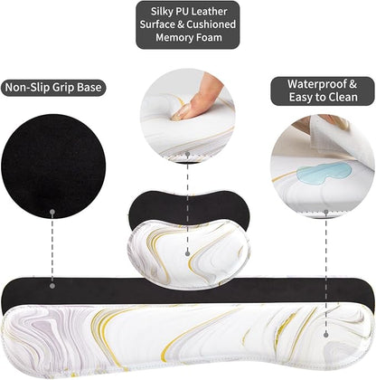 QIYI Leather Desk Mat Set, 4-in-1 Large Mouse Pad with Ergonomic Wrist Rest, Waterproof Desk Pad + Keyboard Wrist Rest + Mouse Wrist Support + Coaster, Non-Slip Office Gaming Accessories, White Marble