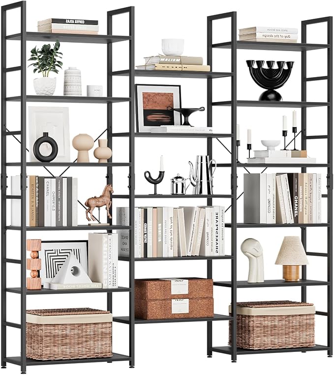NUMENN Triple Column 6 Tier Bookshelf, Bookcase with 17 Open Display Shelves, Adjustable Rustic Industrial Style Book Shelves, Modern Bookshelves for Bedroom, Living Room and Home Office, Black