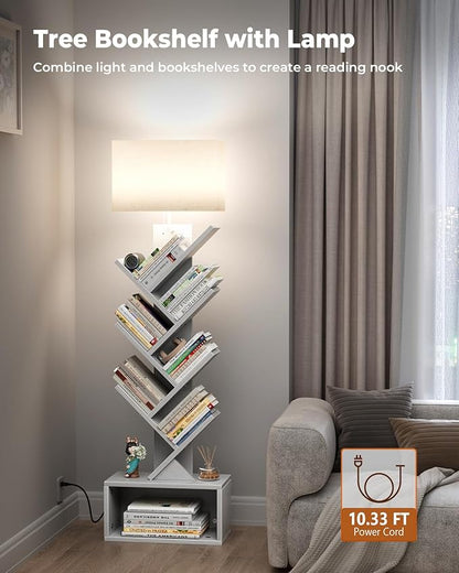 Evermagin 6 Tier Tree Bookshelf with Light, Narrow Bookcase Tower, Tall Floor Standing Book Shelf Organizer with Storage Cabinet for Living Room, Bedroom and Home Office, White