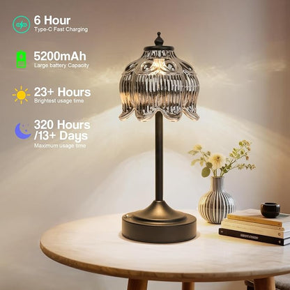 Cordless Lotus Flower Table Lamp, 5200mAh Rechargeable Battery Operated Portable Lamp, 3-Color Dimmable Touch Control Small Desk Lamp for Bedroom, Office, Kitchen, Nightstand,Room Decor(Black)