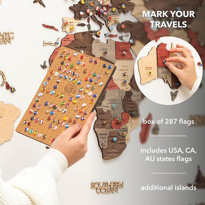 Enjoy The Wood 3D Wooden World Map Wall Art - Large Travel Map with Pins for Art Decor - Decorative Map of the World for Home, Office - Travel Wall Art Housewarming Gift Idea (Fusion, L, Unframed)
