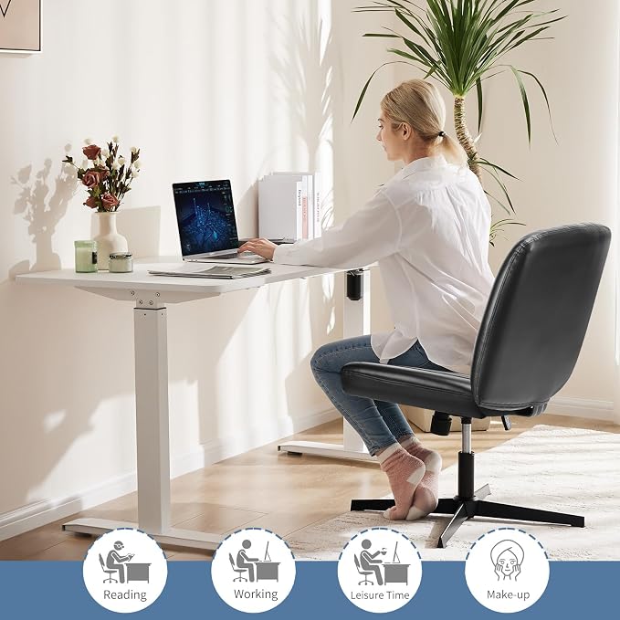 DUMOS Criss Cross Chair No Wheels, Wide Seat Cross Legged Office Desk Vanity Chair, Faux Leather Armless Height Adjustable Swivel Task Computer Chairs for Home, Study, Black PU