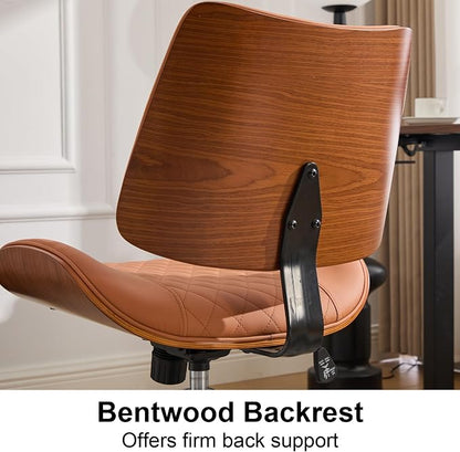 Armless Office Chair with Wheels, Ergonomic Leather Chair, Mid Back 360 Swivel Computer Chair, Modern Walnut Desk Chair for Small Space, Reading, Meeting Room, Brown, Faux Leather