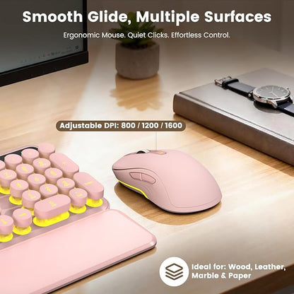 Wireless Keyboard and Mouse Combo, Round Backlit Keycaps, Retro Typewriter Keyboard with Detachable Wrist Rest, Rechargeable & Tilt Legs, 2.4GHz Cordless Connection for Windows/PC (Glowing Pink)